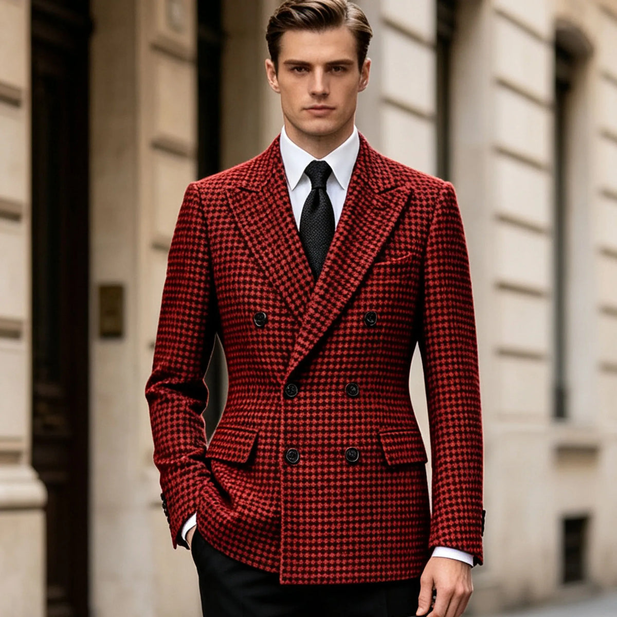 Men's Double Breasted Houndstooth Suit Jacket Classic Slim Fit Groom Wedding Blazer