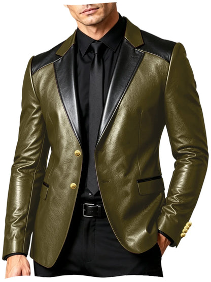 PU Leather Men's Suit Blazer Patchwork Style Wedding Groom Tuxedo Formal Office Prom Jacket High Quality Business Casual Coat
