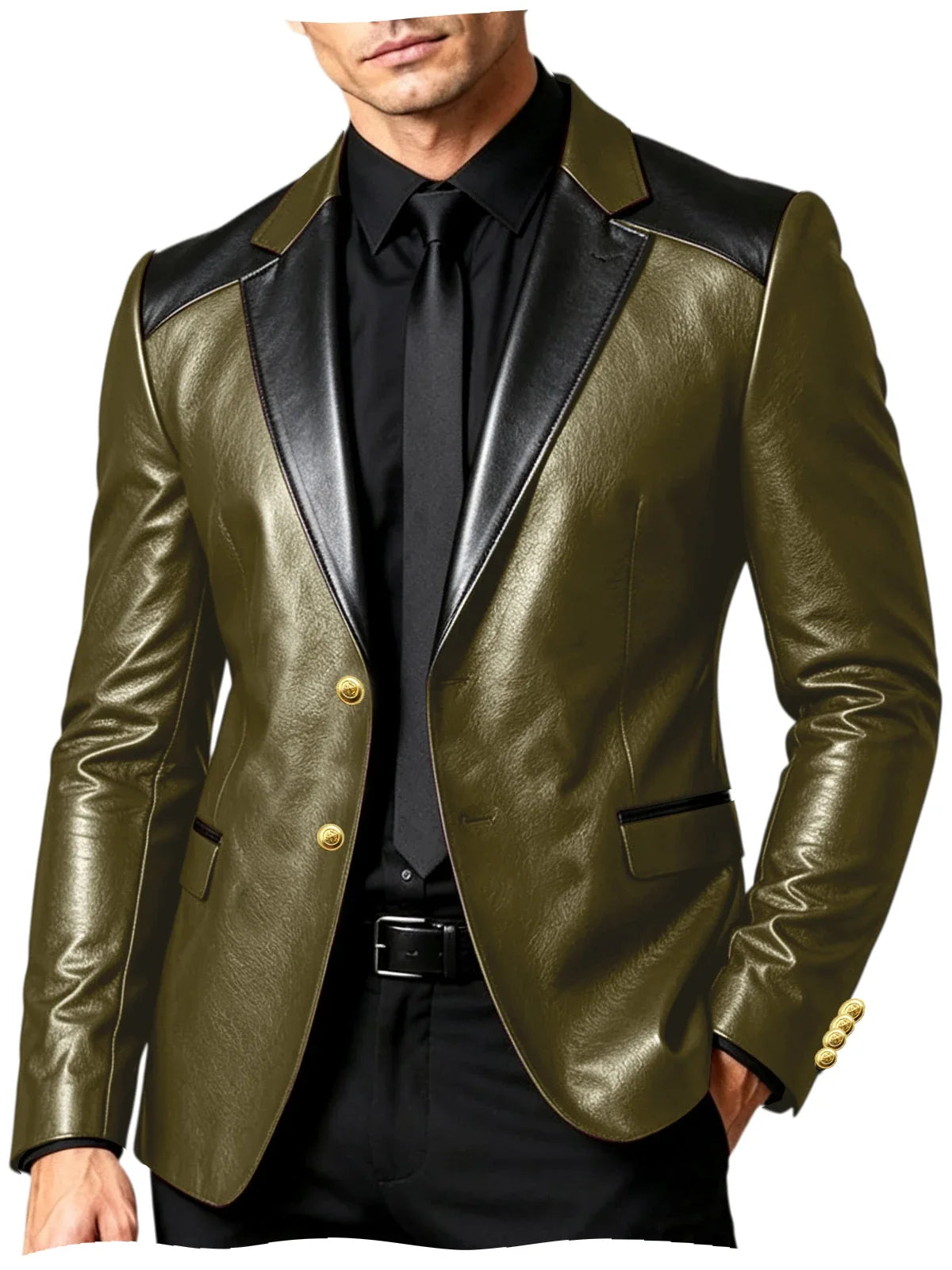 PU Leather Men's Suit Blazer Patchwork Style Wedding Groom Tuxedo Formal Office Prom Jacket High Quality Business Casual Coat