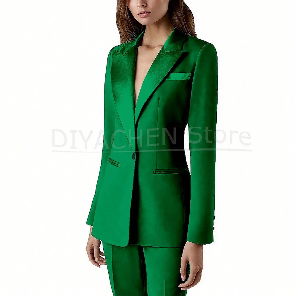 Pants Sets 2 Piece Fashion Satin Peak Lapel Single Button Solid Color Outfits Chic Casual Slim Daily Office Women's Suit