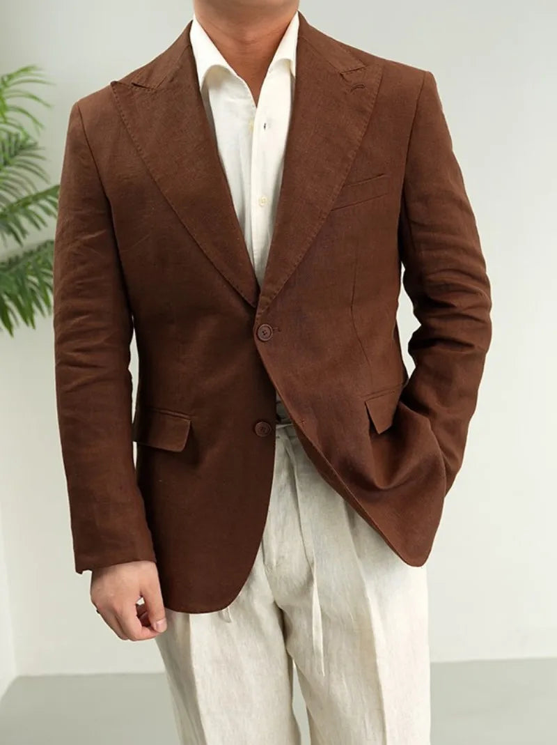 Men Retro Linen Suit Set Notched Collar Thin Business Casual Blazers Two Piece Set Lace Up Long Pant Full Length Trousers Outfit