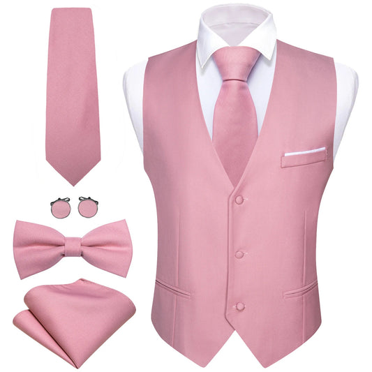Men's Vest Pink Waistcoat with Tie Bowtie Pocket Square Set for Wedding