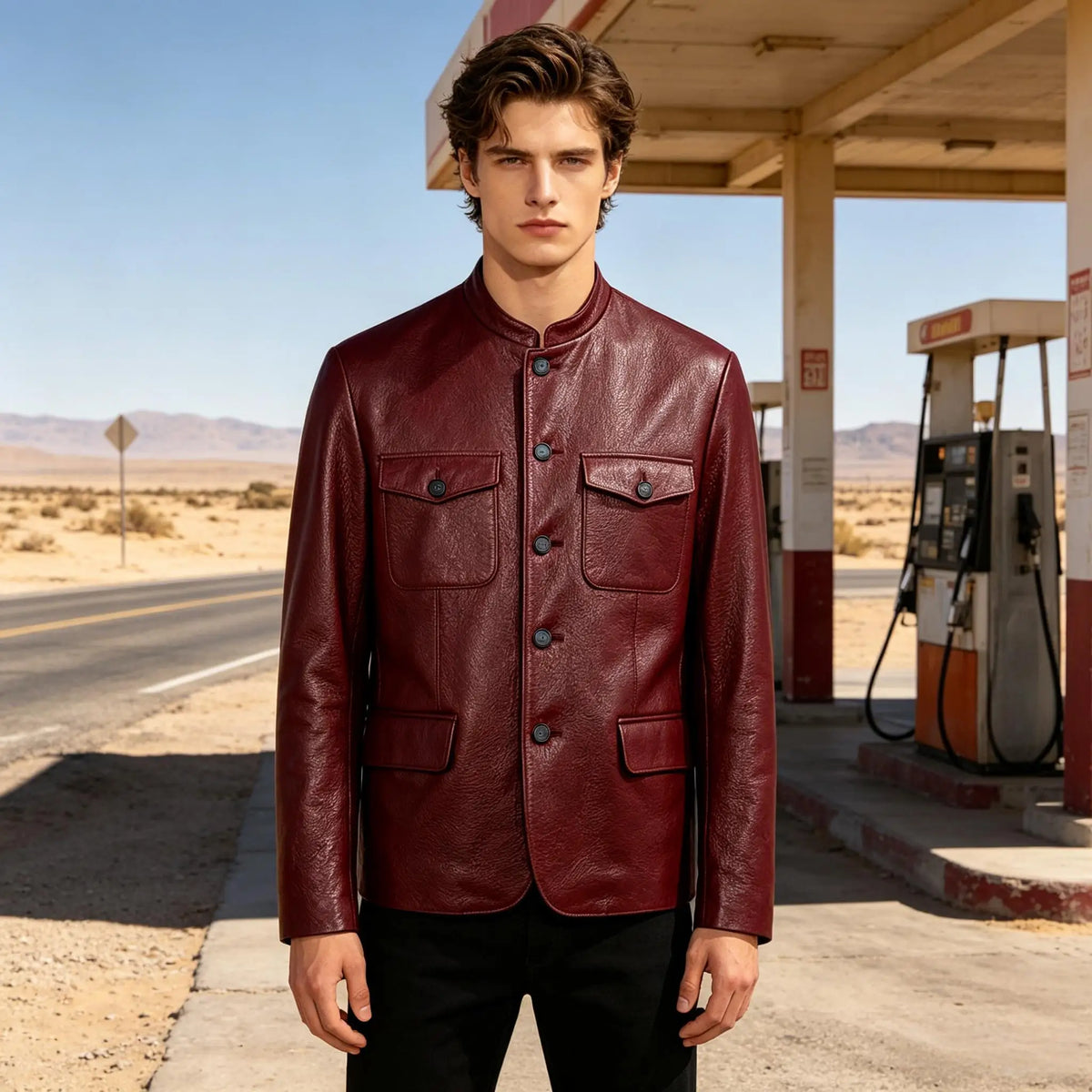 Men Premium Leather-Like Stand Collar Jacket Single Breasted Casual Multi-Pocket Slim Fit Business Outerwear