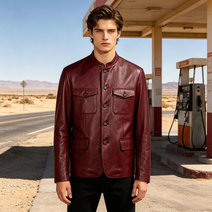 Men Premium Leather-Like Stand Collar Jacket Single Breasted Casual Multi-Pocket Slim Fit Business Outerwear