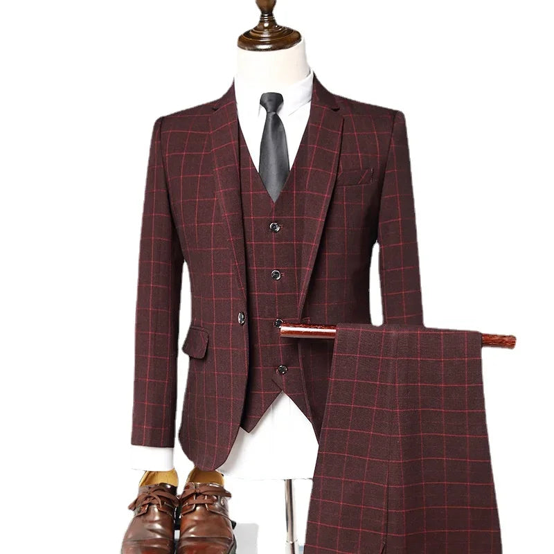 Men's 3-Piece Plaid Suit – Smart Casual Business Formal Set for Men