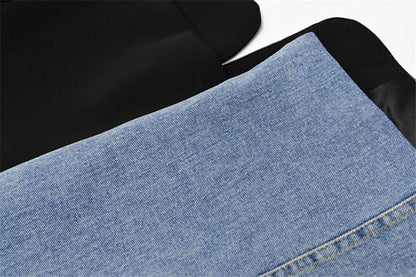 Women Vintage Fashion Blazer Denim Patchwork Jackets 2022 Autumn Winter Irregular Coat Women Long Sleeve Loose Korean Outerwear