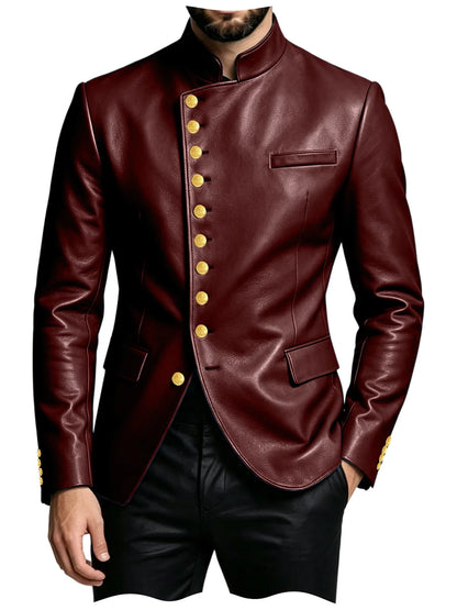 Luxury PU Men's Suit Blazer Single Breasted Stand Collar Slim Fit Leather Jacket Vintage High Quality Business Party Male Tuxedo