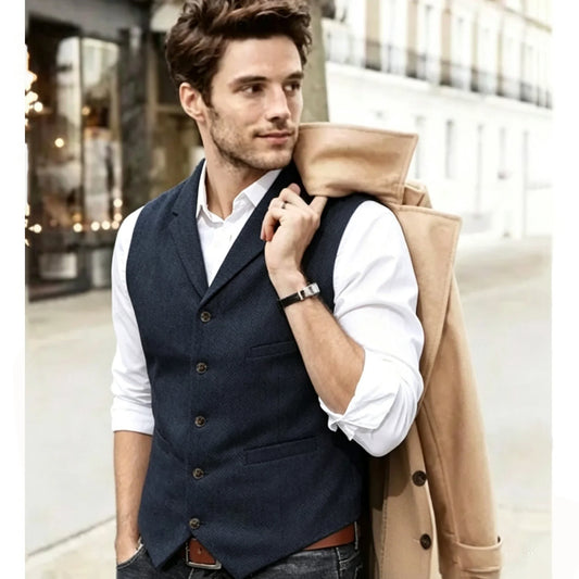 Men's Herringbone Tweed Wool Suit Vest – Slim Fit Single Breasted Waistcoat for Weddings & Formal Occasions