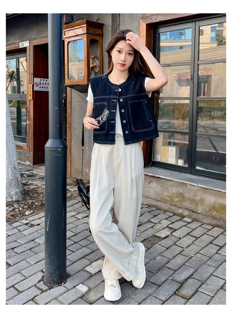 Retro Loose Thin Denim Vest Coat Women's Spring Summer Versatile Casual Sleeveless Jeans Jacket Korean Short Denim Waistcoat