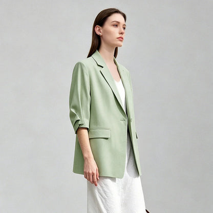 Women's Blazer 2026 Summer New Notch Lapel Linen Blend Pleated Half Sleeve Jacket Casual Office Midi Length Coat 12642184