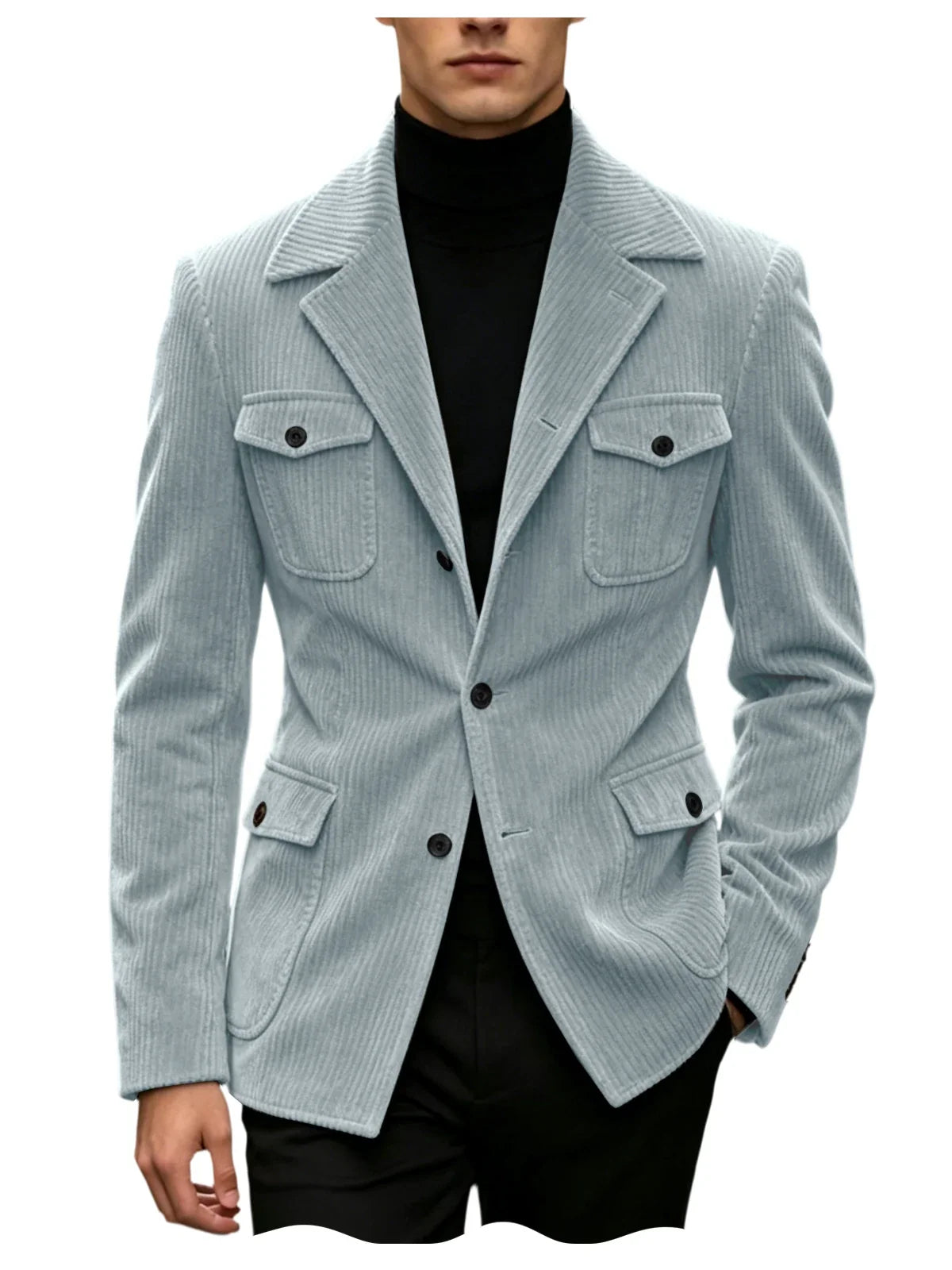 Men's Corduroy Blazer Jacket Slim Fit Notched Lapel Casual Business Coat With Four Flap Pockets For Daily Work Streetwear