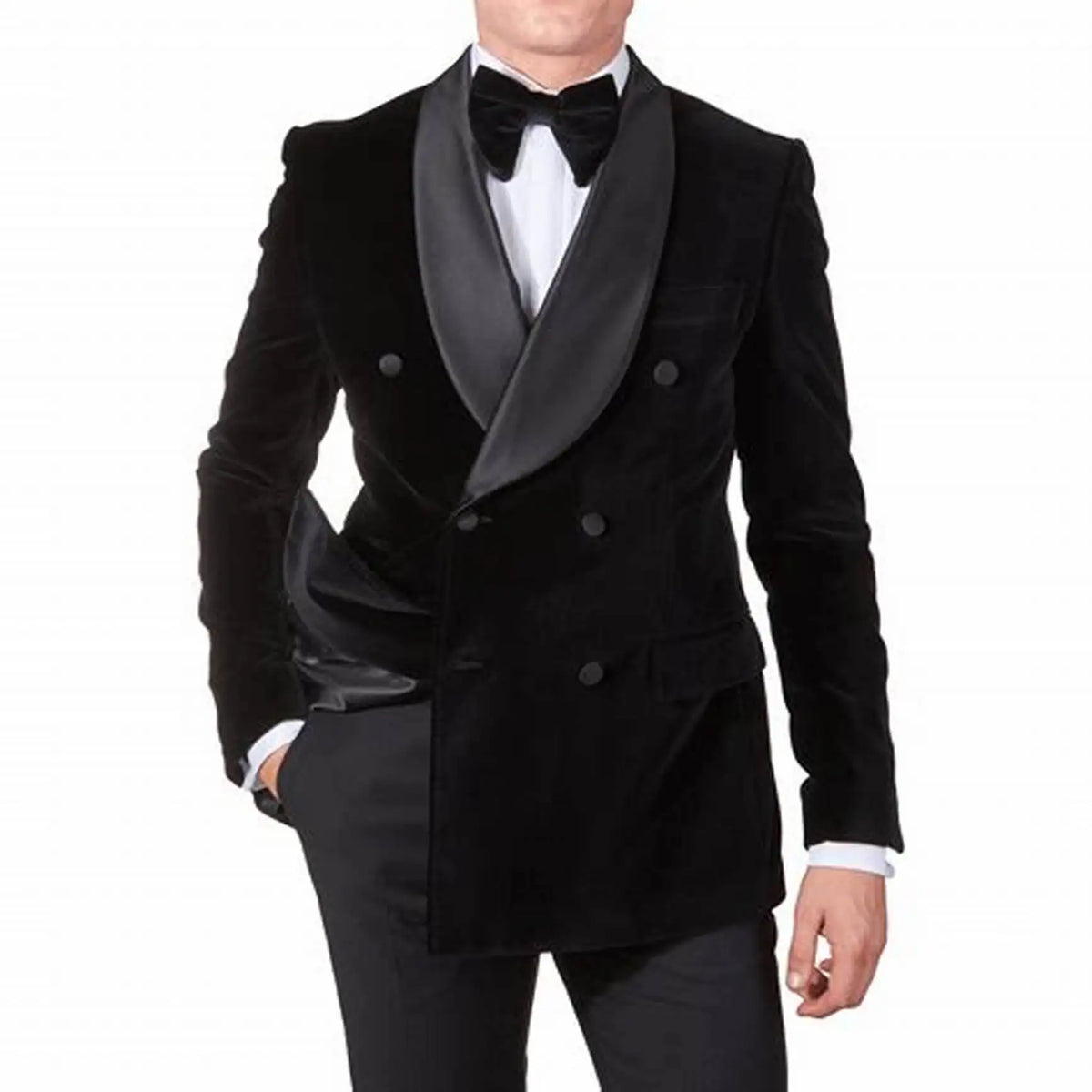 Costume pour homme en velours noir, croisé, 2 pièces, coupe ajustée, pour affaires, mariage, fête, tuxedos pour homme, veste à revers châle et pantalon