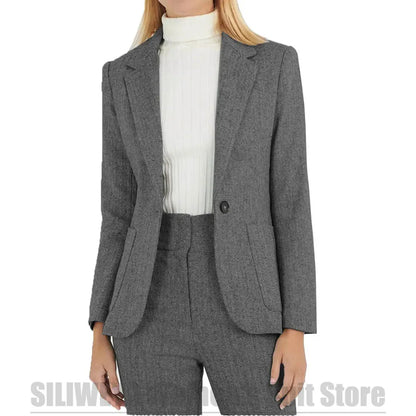 Fashion Herringbone Women's Suit One Button Wool Blend Blazer and Pants Set Formal Office Two Piece Stylish Daily Casual Suits