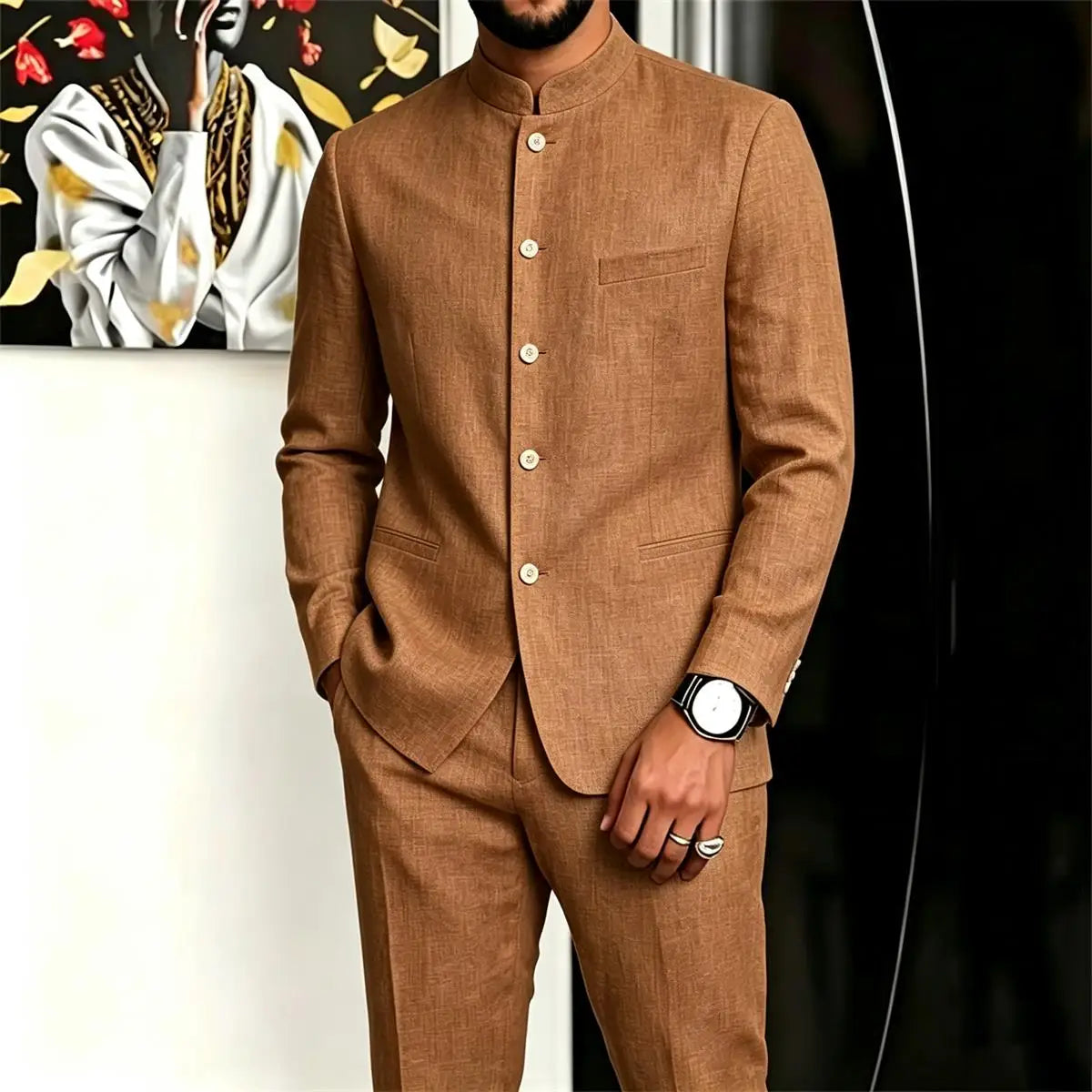 Chinese Suit for Men 2 Piece Suits Slim Fit Chinese Tunic Suits Stand Collar Weddig Prom Suit Blazer Pants Set Outfit
