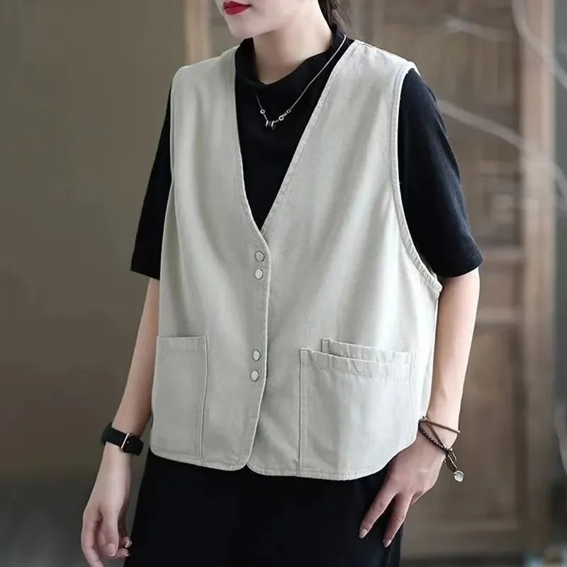 Korean Ladies Solid Color Casual Sleeveless Jacket Autumn Women V-neck Loose Waistcoat Coat Spring Female Fashion Vest Outwear