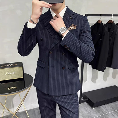 Men's Double-Breasted 2-Piece Suit – Classic Striped, Wedding & Business
