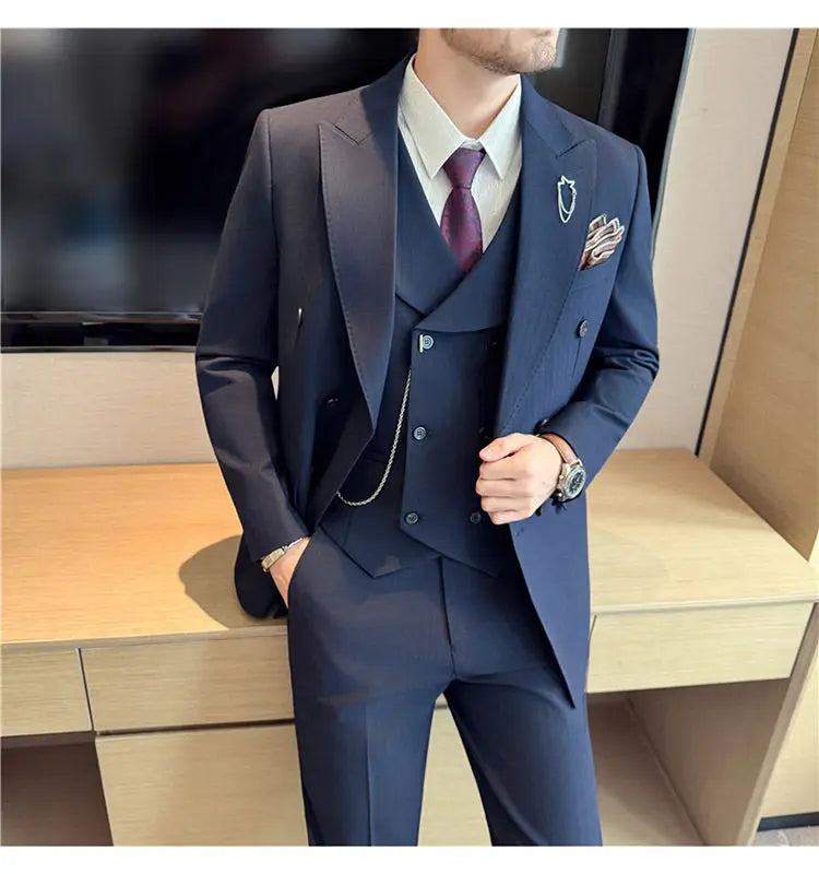 Classic Striped Wedding Suit Set Men 3 Piece Set (jacket+vest+pant) Business Formal Casual Suits Office Party Prom Groom Suit