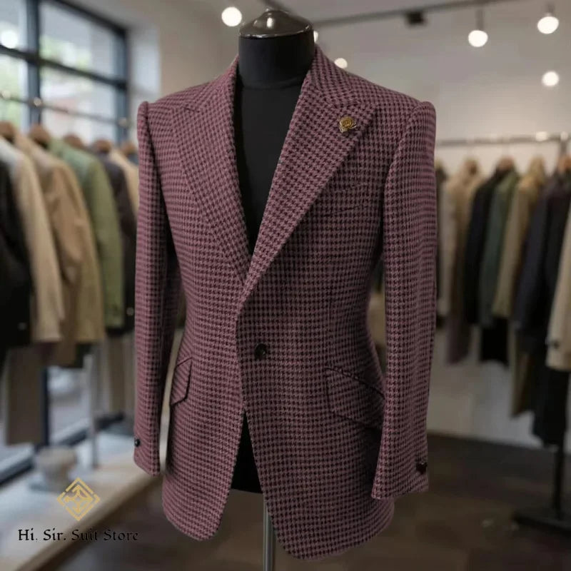 Houndstooth Blazer Men Slim Fit Plaid Suit Jacket Tuxedo One Button Peak Lapel Business Casual Wedding Prom Sport Coats Hot Sale