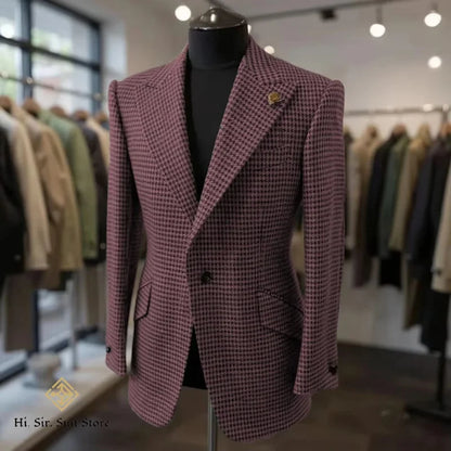Houndstooth Blazer Men Slim Fit Plaid Suit Jacket Tuxedo One Button Peak Lapel Business Casual Wedding Prom Sport Coats Hot Sale