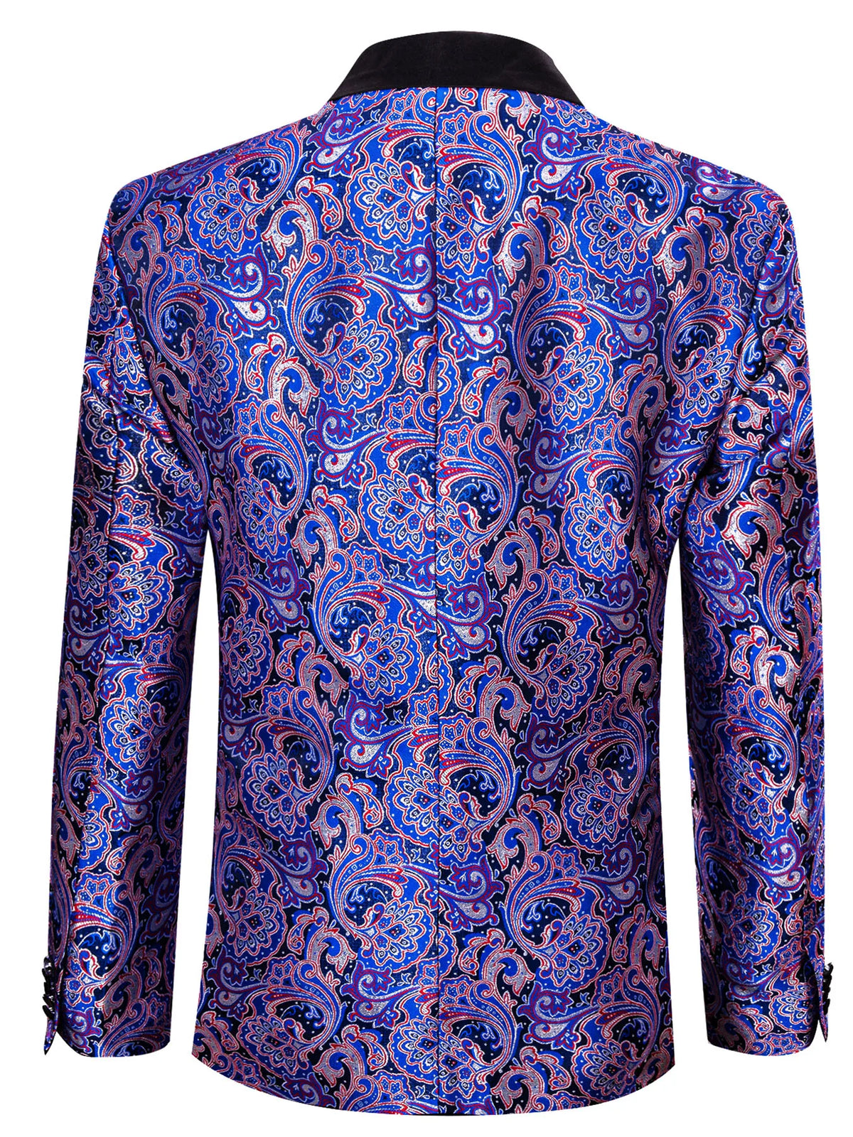 Blue Paisley Jacquard Mens Tuxedo Blazer, Black Satin Shawl Lapel Single Button Suit Jacket for Party Stage Banquet