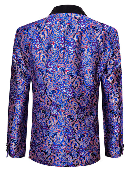 Blue Paisley Jacquard Mens Tuxedo Blazer, Black Satin Shawl Lapel Single Button Suit Jacket for Party Stage Banquet