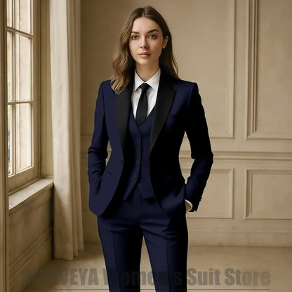 Women Royal Blue 3 Piece Tuxedo Suit Blazer Vest Pants with Black Lapel Slim Fit Formal Party Business Office Outfit