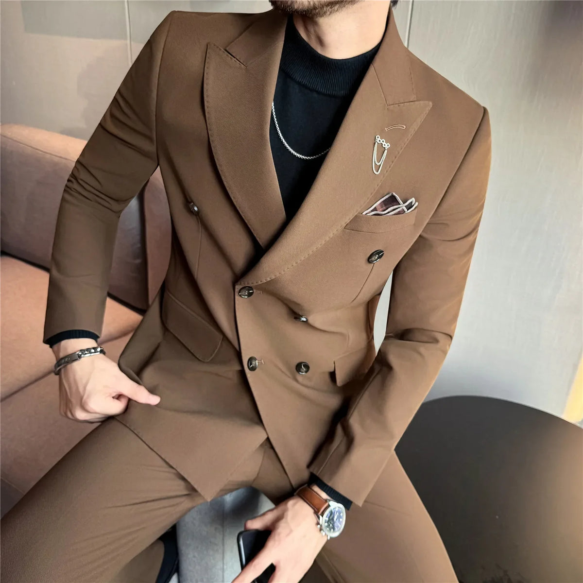 (Jacket + Pants) Fashion Double Breasted Design Slim Men's Suit Italian Style Luxury Wedding Social Party Tuxedo 2 Piece Sets