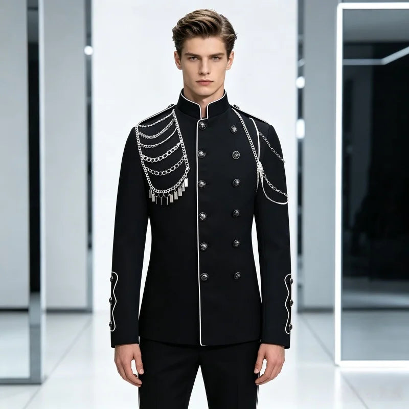 Men's Punk Style Court Jacket with Epaulet Metal Tassel Blazer for Nightclub Singer Dancer Performance Outerwear Stage Wear