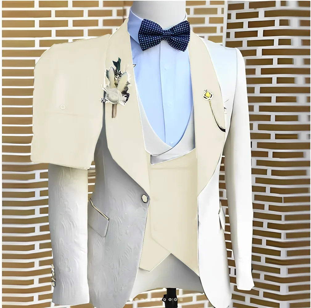 White Jacquard Elegant suits Men For Wedding Formal Jacket Vest Pants 3 Pieces Groomsman Tuxedos Tailored Male Fashion Clothing