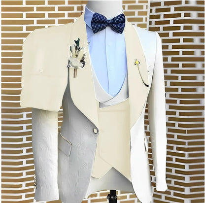White Jacquard Elegant suits Men For Wedding Formal Jacket Vest Pants 3 Pieces Groomsman Tuxedos Tailored Male Fashion Clothing