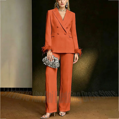Luxury White Feather Women's Suit Elegant Classic Double Breasted Jacket Pants Formal Evening Party Wedding Guest Outfit
