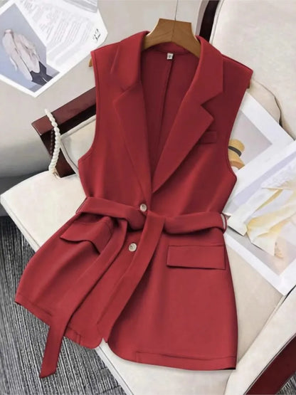 Fashion Sleeveless Slim Suit Collar Women Vest Spring Autumn New Single Breasted Elegant Lace Up Female Versatile Vest Tops 2025