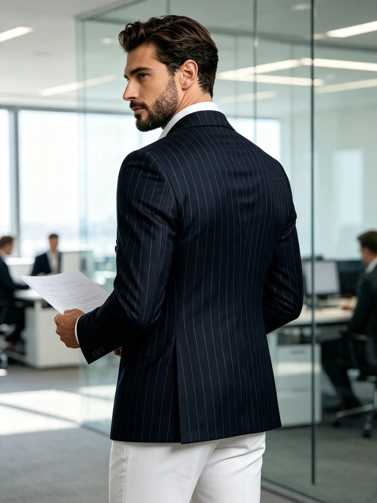 Men Striped Double Breasted Suit Jacket Notch Lapel Business Slim Fit Formal Blazer Elegant Lightweight Dress Coat For Prom Work