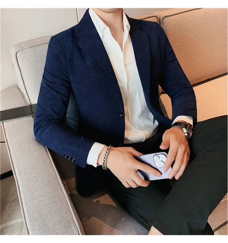 2023 Fashion Men's Corduroy Blazers Top Quality Business Casual Suit Jackets Slim Fit Wedding Groom Streetwear Social Dress Coat