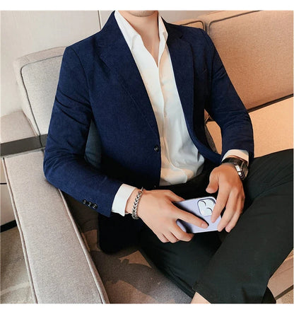 2023 Fashion Men's Corduroy Blazers Top Quality Business Casual Suit Jackets Slim Fit Wedding Groom Streetwear Social Dress Coat