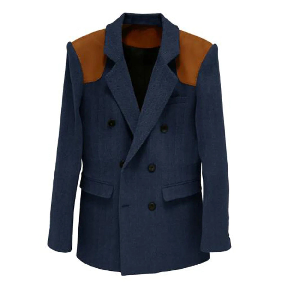 Men's Vintage Herringbone Blazer Contrast Shoulder Patches Double Breasted Wool Blend Suit Jacket Slim Fit Casual Business Coat