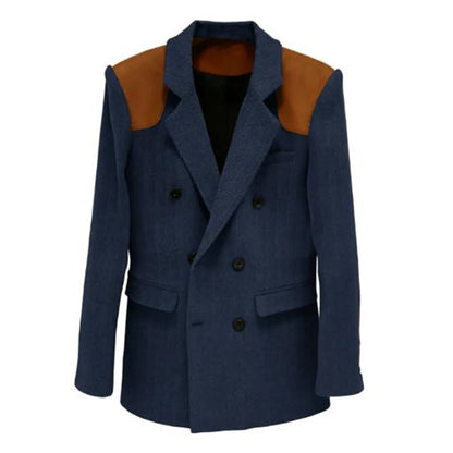 Men's Vintage Herringbone Blazer Contrast Shoulder Patches Double Breasted Wool Blend Suit Jacket Slim Fit Casual Business Coat