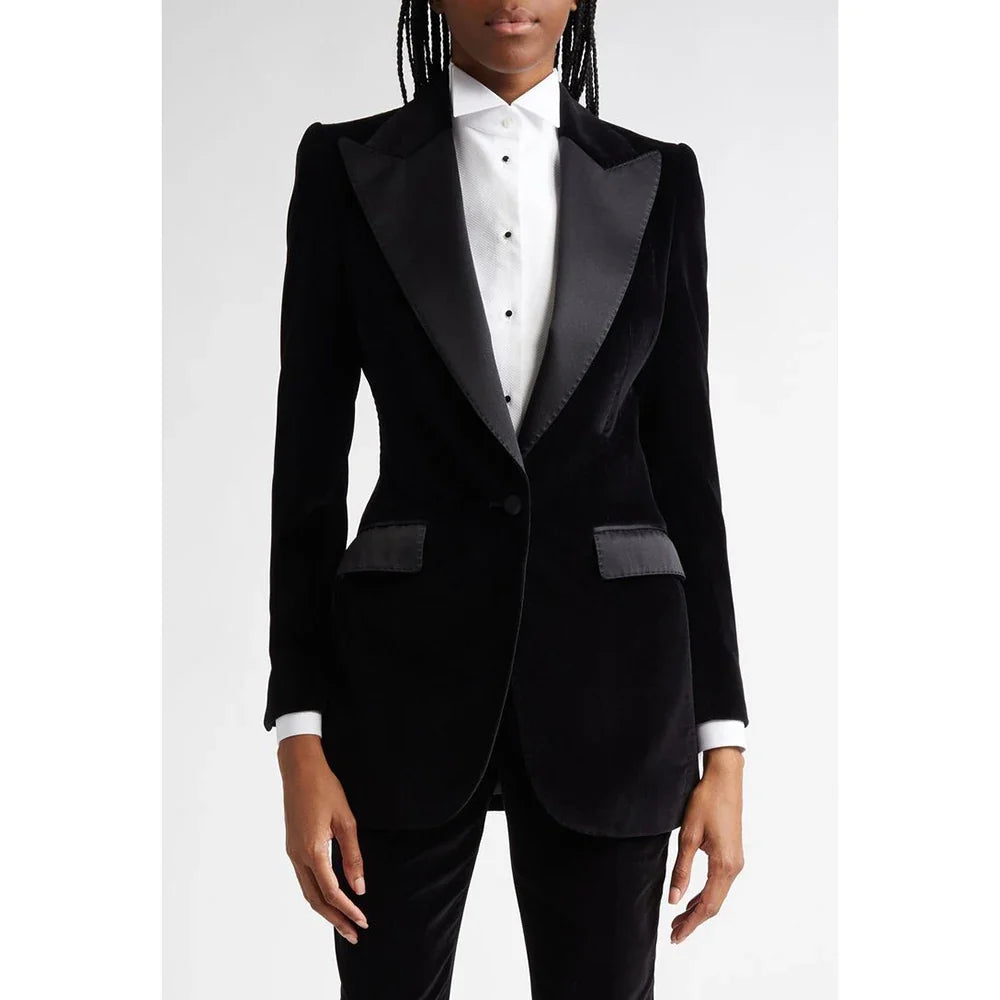 Black Flannel Women Suit Customized Single-grain Buckle Peaked Lapel Two Pieces(Jacket+Pants) Modern Business Office Lady Set