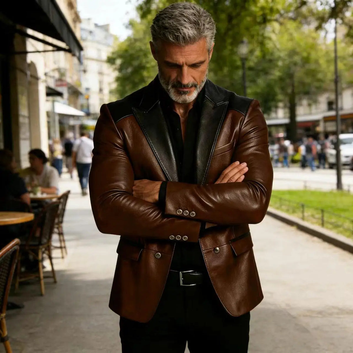 Men's PU Leather Blazer Patchwork Double Breasted Flap Pockets Notched Lapel Slim Fit Business Casual Suit Jacket Male Outerwear