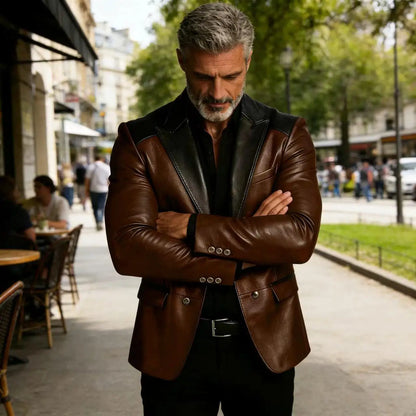 Men's PU Leather Blazer Patchwork Double Breasted Flap Pockets Notched Lapel Slim Fit Business Casual Suit Jacket Male Outerwear