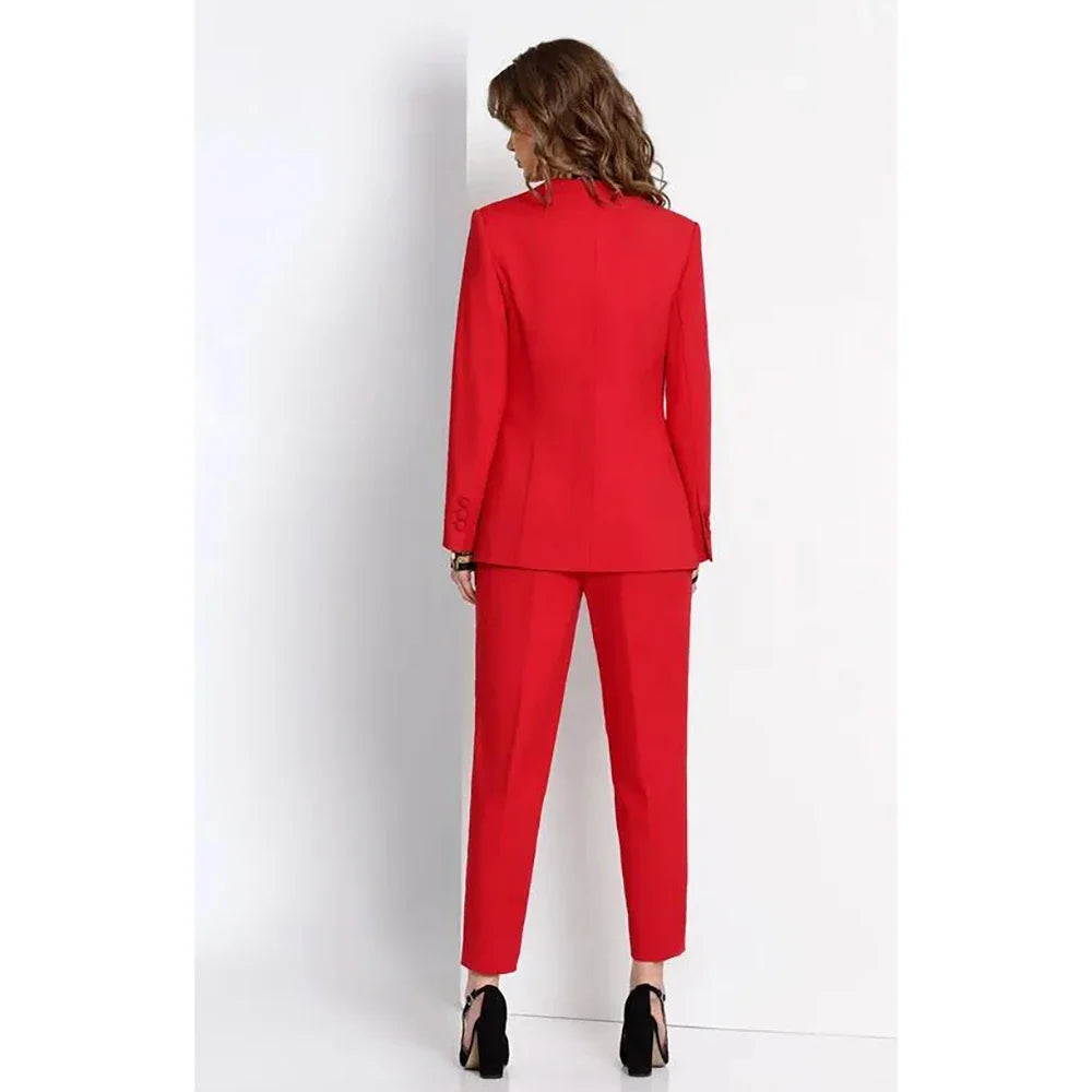 Red V-neck Suit Two Pieces(Jacket+Pants) Set New Fashion Elegant Solid Color High Quality Women's Blazer Office Set
