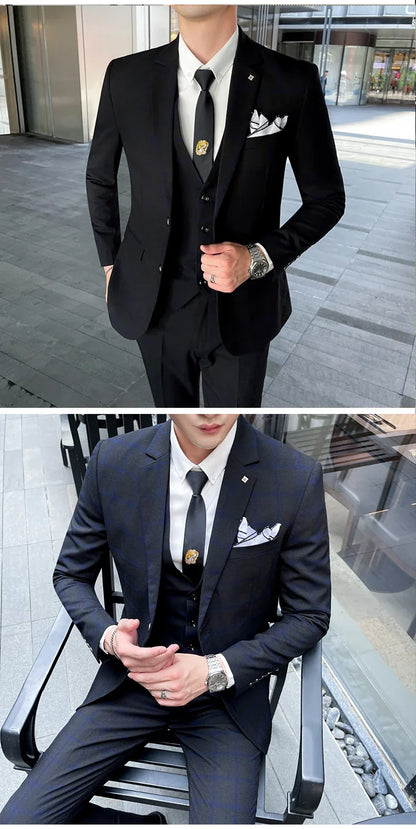 Men's 3-Piece Suit Set Stylish Handsome English Plaid All-fit Jacket Waistcoat Trousers M-5XL 2025 Trendy Men's Formal Wear