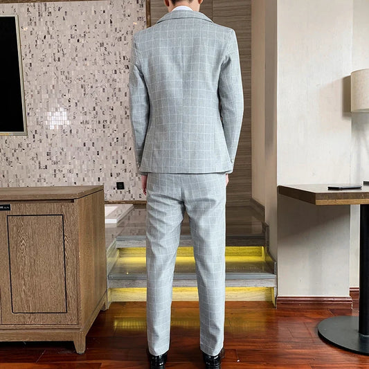 Men's Linen 3-Piece Slim Fit Suit – Blue & Beige | XS–6XL