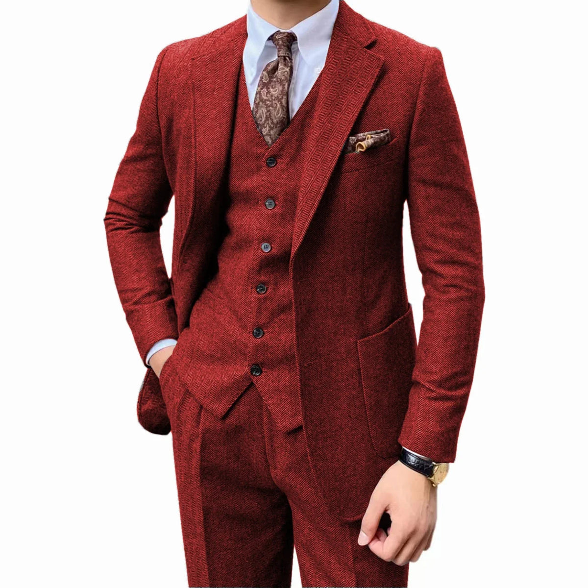 Costume de smoking à chevrons pour hommes, ensemble deux pièces, revers crantés, un bouton, gilet simple boutonnage à chevrons, tissus en laine épaisse