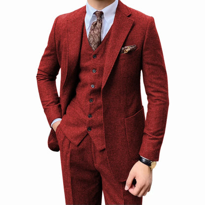 Costume de smoking à chevrons pour hommes, ensemble deux pièces, revers crantés, un bouton, gilet simple boutonnage à chevrons, tissus en laine épaisse