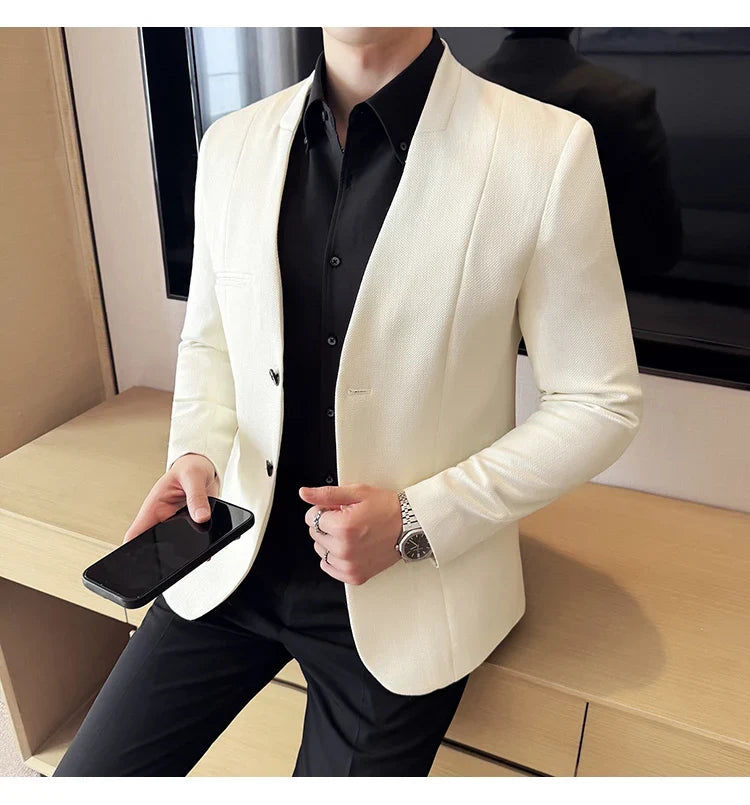 Chinese Style Collarless Suit Jacket Men Fashion Slim Fit Versatile Blazers Male Casual Business Wedding Groom Dress Jacket 2025