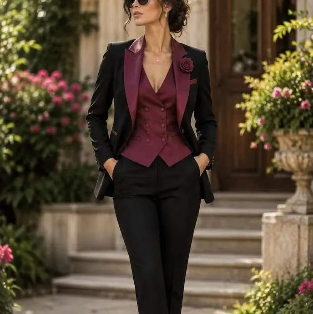 Black And Burgundy Formal Business Women Suit Wedding Party Prom Mother Girl Tuxedos Costume 3 Piece Set Blazer Vest Pants