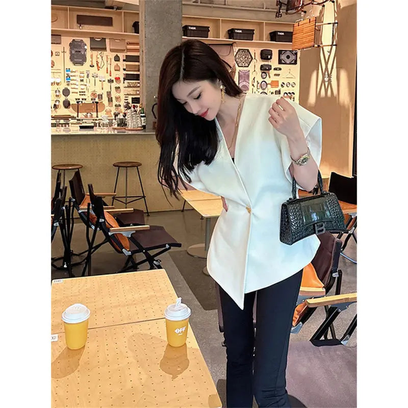 Summer French Asymmetric Blazer Vest Coat Women Drop Shoulder Sleeve Waistcoat One Button Waist Slim Fashion White Top