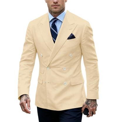 Men's Double Breasted Blazer Slim Fit Linen Suit Jacket Formal Business Casual Tuxedo for Wedding Prom Office Party Daily Wear