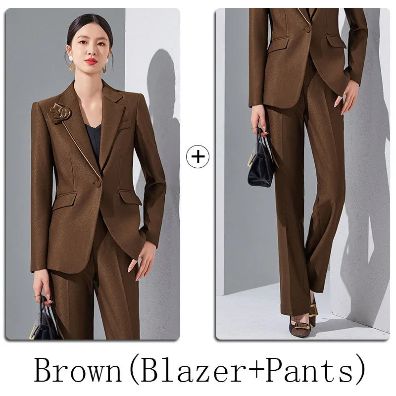 Women Blazer Pants Sets Apricot Appliques Two Pieces 2024 Autumn Work wear Trousers Formal Solid Color Long Sleeve Tops Pantsuit